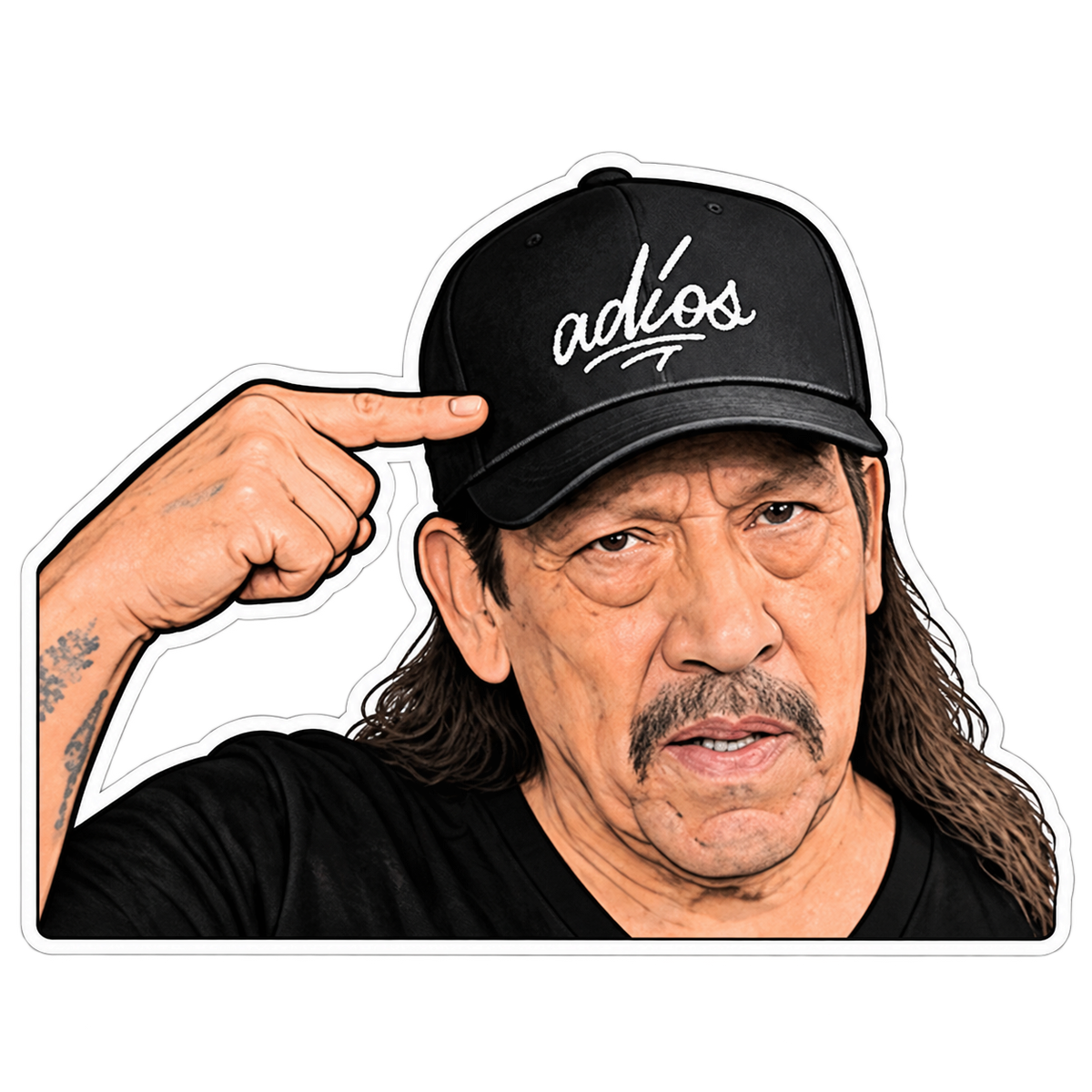 Danny Trejo x ADIOS - Hat Tip Sticker — artwork on a clean background